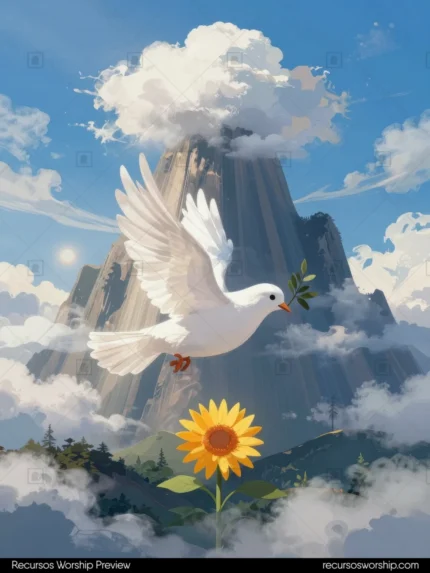 Ilustracion digital vectorial paloma blanca vuelo perfil rama olivo pico girasol amarillo grande montanas azul gris nubes cielo azul vibrante horizontal cuento pascual paz
