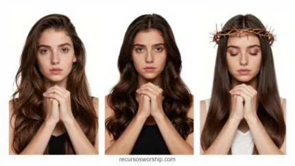 Triptico mujer joven morena tres posiciones oracion devocional manos juntas fondo blanco puro sin corona dos veces con corona espinas tercera horizontal plano busto meditacion