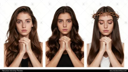 Triptico mujer joven morena tres posiciones oracion devocional manos juntas fondo blanco puro sin corona dos veces con corona espinas tercera horizontal plano busto meditacion