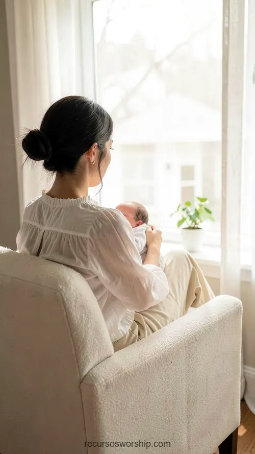 Madre Asiática de Espaldas con Recién Nacido en Sillón junto a Ventana Luminosa Madre asiatica cabello negro recogido espaldas sentada sillon beige claro junto ventana luz natural suave sosteniendo recien nacido brazos vertical lifestyle intimo