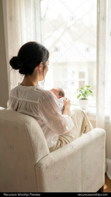 Madre asiatica cabello negro recogido espaldas sentada sillon beige claro junto ventana luz natural suave sosteniendo recien nacido brazos vertical lifestyle intimo