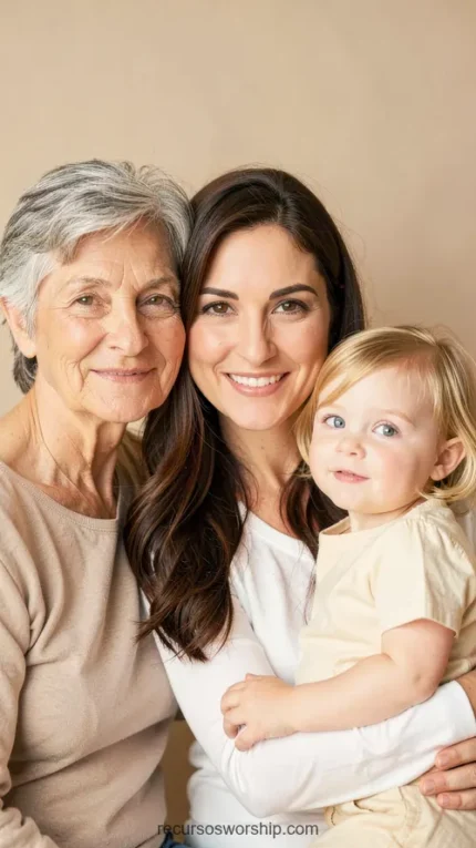 Abuela mayor cabello gris corto madre joven morena sonriendo bebe rubia ojos azules vestido amarillo tres generaciones estudio beige calido vertical plano busto sereno