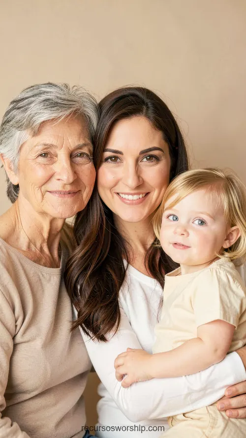 Tres Generaciones Abuela Madre y Bebé en Estudio Beige Cálido Serena Abuela mayor cabello gris corto madre joven morena sonriendo bebe rubia ojos azules vestido amarillo tres generaciones estudio beige calido vertical plano busto sereno
