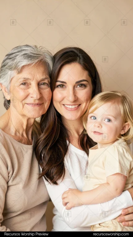 Abuela mayor cabello gris corto madre joven morena sonriendo bebe rubia ojos azules vestido amarillo tres generaciones estudio beige calido vertical plano busto sereno
