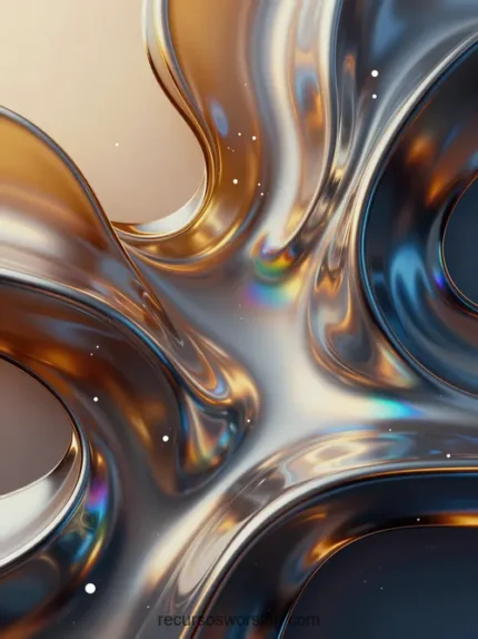 Render 3d abstracto vertical formas organicas fluidas cromo dorado ambar azul acero reflejos iridiscentes arcoiris fondo beige claro destellos blancos metalico sofisticado contemporaneo