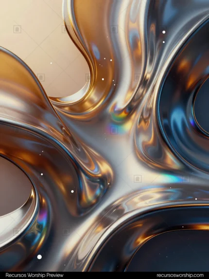 Render 3d abstracto vertical formas organicas fluidas cromo dorado ambar azul acero reflejos iridiscentes arcoiris fondo beige claro destellos blancos metalico sofisticado contemporaneo