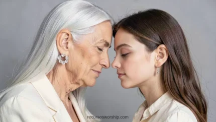 Mujer mayor cabello blanco largo y joven morena inclinando frentes unidas casi tocandose perfil ropa blanca crema fondo gris neutro horizontal sofisticado sereno