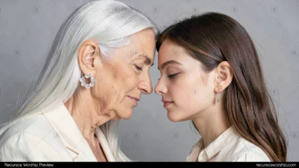 Mujer mayor cabello blanco largo y joven morena inclinando frentes unidas casi tocandose perfil ropa blanca crema fondo gris neutro horizontal sofisticado sereno