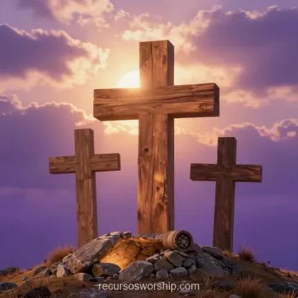 Tres cruces madera rustica marron monticulo rocas tierra cruz central mayor elevada cielo morado violeta dramatico nubes rayos luz dorada cuadrado cinematografico golgota calvario pascual viernes santo