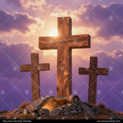 Tres cruces madera rustica marron monticulo rocas tierra cruz central mayor elevada cielo morado violeta dramatico nubes rayos luz dorada cuadrado cinematografico golgota calvario pascual viernes santo
