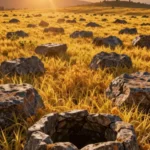 Paisaje fotorrealista vertical campo hierba dorada flores amarillas pozo piedra circular abierto primer plano tres cruces colina fondo sol naranja dorado horizonte cielo azul naranja degradado pascual narrativo