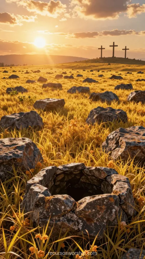 Campo Hierba Dorada Flores Amarillas Pozo Piedra Circular Abierto Tres Cruces Colina Sol Atardecer Naranja Vertical Paisaje fotorrealista vertical campo hierba dorada flores amarillas pozo piedra circular abierto primer plano tres cruces colina fondo sol naranja dorado horizonte cielo azul naranja degradado pascual narrativo