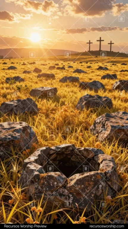 Paisaje fotorrealista vertical campo hierba dorada flores amarillas pozo piedra circular abierto primer plano tres cruces colina fondo sol naranja dorado horizonte cielo azul naranja degradado pascual narrativo