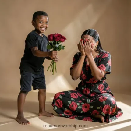 Niño negro descalzo sonriente entregando ramo de rosas rojas a madre vestido floral cubriendose rostro sorpresa emocionada fondo beige calido cuadrado