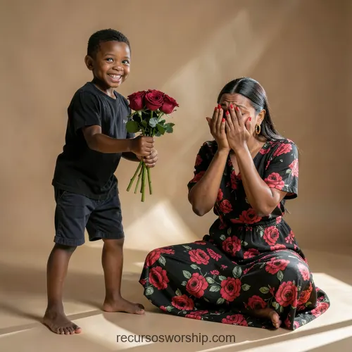 Niño Entregando Rosas Rojas a Madre Sorprendida Emocionada Fondo Beige Niño negro descalzo sonriente entregando ramo de rosas rojas a madre vestido floral cubriendose rostro sorpresa emocionada fondo beige calido cuadrado