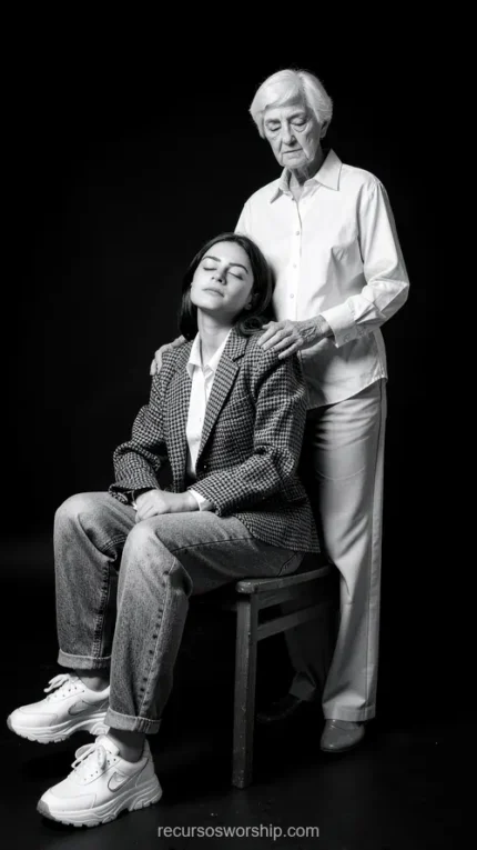 Retrato editorial blanco negro mujer joven sentada silla blazer cuadros mujer mayor pie mano hombro gesto apoyo fondo negro profundo vertical solemne artístico