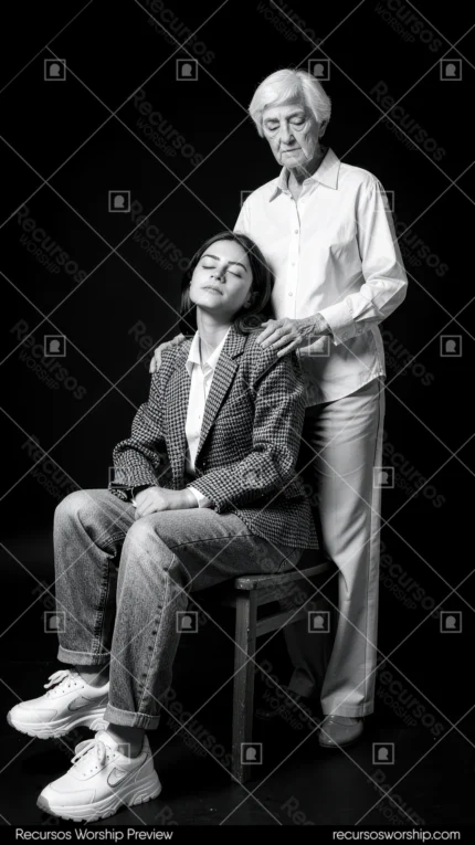Retrato editorial blanco negro mujer joven sentada silla blazer cuadros mujer mayor pie mano hombro gesto apoyo fondo negro profundo vertical solemne artístico