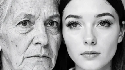 Retrato blanco y negro de alto contraste con mujer mayor arrugas pronunciadas y joven mujer lado a lado mirando frente plano busto horizontal generacional