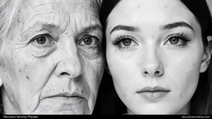 Retrato blanco y negro de alto contraste con mujer mayor arrugas pronunciadas y joven mujer lado a lado mirando frente plano busto horizontal generacional