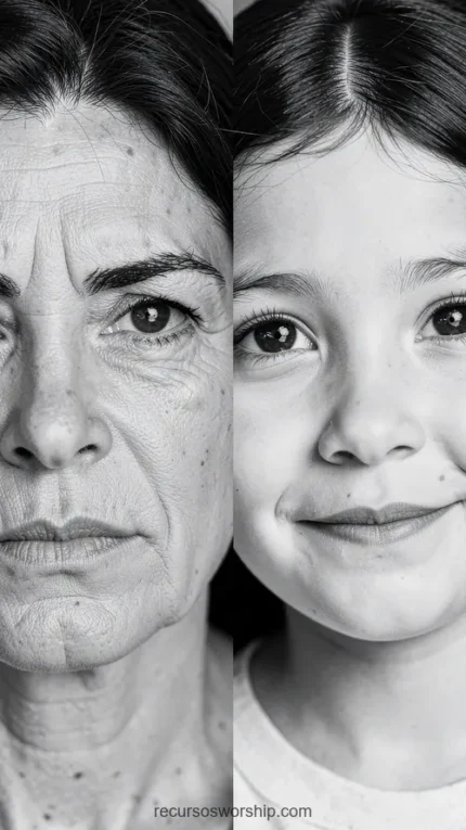 Retrato dividido blanco negro mitad rostro abuela mayor arrugas pronunciadas mirada directa mitad rostro nieta pequeña traviesa sonriente vertical generacional impactante