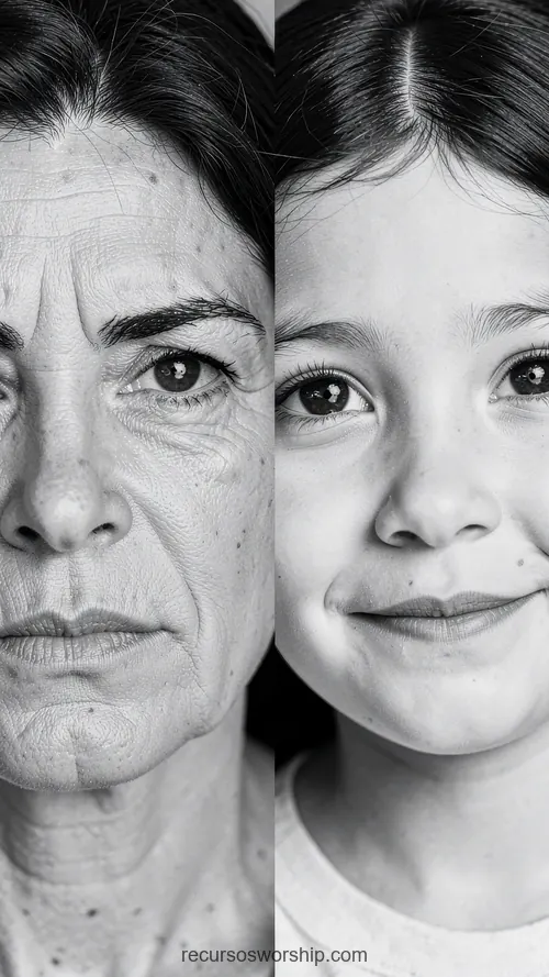 Split Portrait Blanco y Negro Mitad Rostro Abuela Mayor y Mitad Rostro Nieta Pequeña Retrato dividido blanco negro mitad rostro abuela mayor arrugas pronunciadas mirada directa mitad rostro nieta pequeña traviesa sonriente vertical generacional impactante