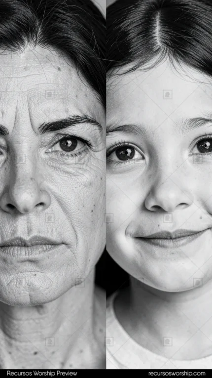 Retrato dividido blanco negro mitad rostro abuela mayor arrugas pronunciadas mirada directa mitad rostro nieta pequeña traviesa sonriente vertical generacional impactante