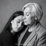 Retrato blanco negro hija joven morena cabello largo apoyando cabeza ojos cerrados hombro madre mayor cabello blanco corto expresion serena ropa oscura fondo gris cuadrado