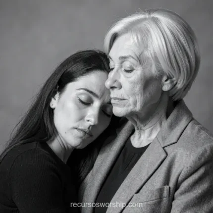 Retrato blanco negro hija joven morena cabello largo apoyando cabeza ojos cerrados hombro madre mayor cabello blanco corto expresion serena ropa oscura fondo gris cuadrado
