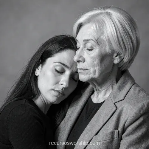 Retrato B&N Hija Morena Apoyando Cabeza en Hombro Madre Mayor Cabello Blanco Estudio Retrato blanco negro hija joven morena cabello largo apoyando cabeza ojos cerrados hombro madre mayor cabello blanco corto expresion serena ropa oscura fondo gris cuadrado