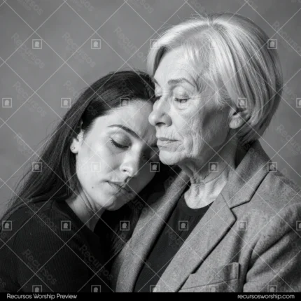 Retrato blanco negro hija joven morena cabello largo apoyando cabeza ojos cerrados hombro madre mayor cabello blanco corto expresion serena ropa oscura fondo gris cuadrado