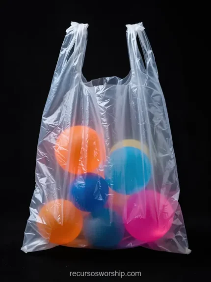 Fotografia estudio vertical bolsa plastico transparente asas globos colores vibrantes naranja azul fucsia fondo negro liso pop ludico alto contraste