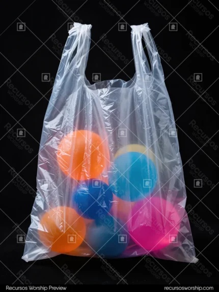 Fotografia estudio vertical bolsa plastico transparente asas globos colores vibrantes naranja azul fucsia fondo negro liso pop ludico alto contraste