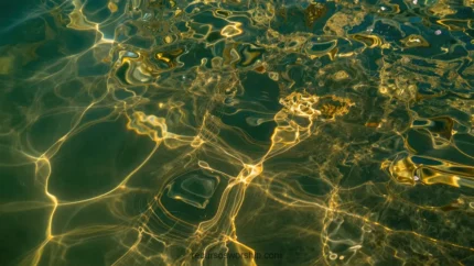 Fotografia macro horizontal causticas doradas verdes brillantes superficie agua clara fondo arena piedra sumergida luz refractada patrones organicos natural acuatico calido