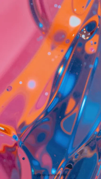 Macro abstracto vertical superficie fluida rosa fucsia naranja brillante azul cobalto reflejos iridiscentes burbujas microscopicas pop vibrante alto contraste energetico