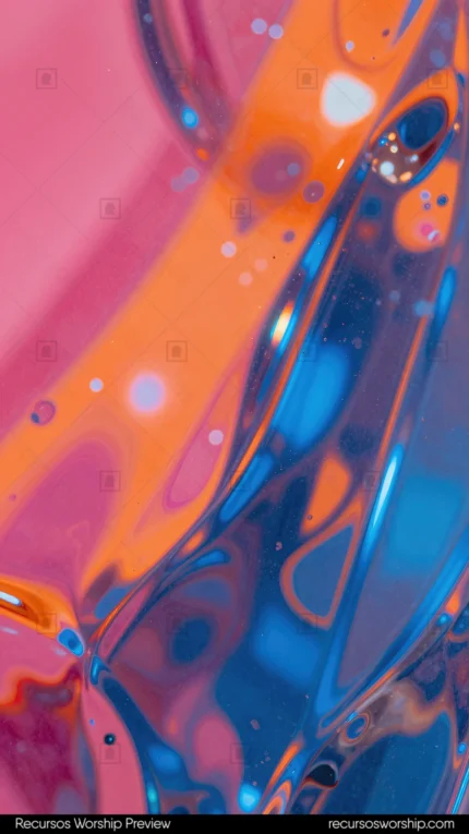 Macro abstracto vertical superficie fluida rosa fucsia naranja brillante azul cobalto reflejos iridiscentes burbujas microscopicas pop vibrante alto contraste energetico