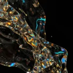 Macro 3d abstracto vertical escultura vidrio cristal transparente reflejos iridiscentes dorado cian turquesa fondo negro profundo destellos blancos glacial elegante precision visual