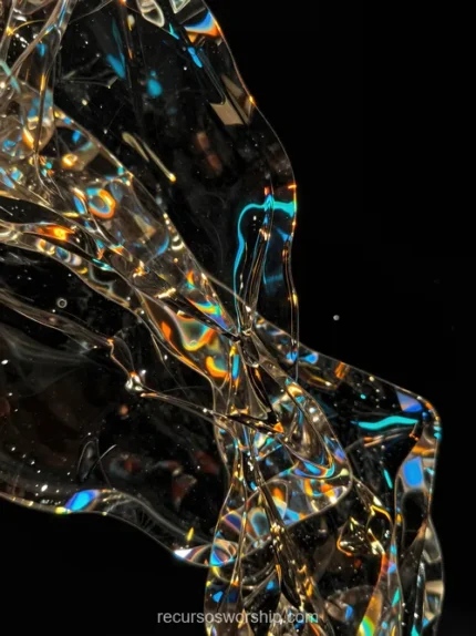 Macro 3d abstracto vertical escultura vidrio cristal transparente reflejos iridiscentes dorado cian turquesa fondo negro profundo destellos blancos glacial elegante precision visual