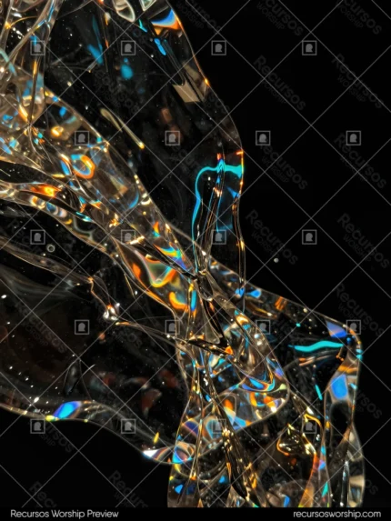 Macro 3d abstracto vertical escultura vidrio cristal transparente reflejos iridiscentes dorado cian turquesa fondo negro profundo destellos blancos glacial elegante precision visual