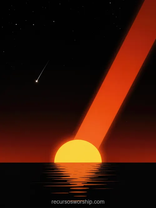 Sol Naranja Dorado Semicircular Rayo Rojo Diagonal Cometa Cielo Estrellado Negro Oceano Vertical Retro Sci-Fi Ilustracion retro sci-fi vertical sol naranja dorado semicircular oceano oscuro rayo luz rojo diagonal cometa cielo estrellado negro horizonte reflejado agua tranquila synthwave cosmico