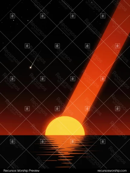 Ilustracion retro sci-fi vertical sol naranja dorado semicircular oceano oscuro rayo luz rojo diagonal cometa cielo estrellado negro horizonte reflejado agua tranquila synthwave cosmico