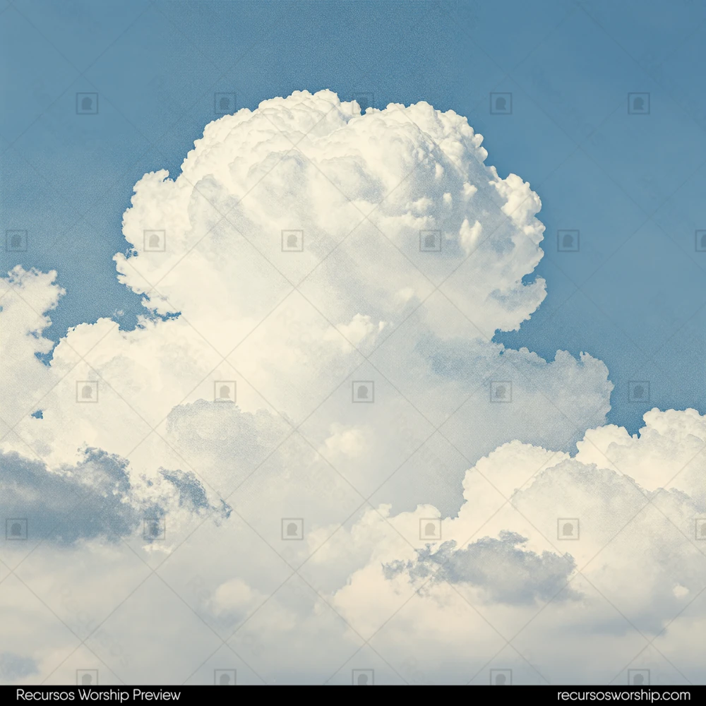 Ilustracion vintage cuadrada cumulo nube blanca imponente cielo azul claro textura papel envejecido estilo grafico retro impreso clasico contemplativo calma nostalgia