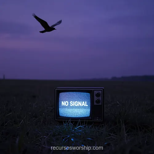 Televisor Antiguo Estatica Azul No Signal Campo Oscuro Cielo Violeta Cuervo Vuelo Cuadrado Surrealista Fotografia conceptual surrealista cuadrada televisor antiguo pantalla estatica azul no signal campo oscuro atardecer violeta purpura cuervo vuelo hierba primer plano nocturno contemplativo