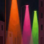 Pintura oleo surrealista vertical calle nocturna tres farolas naranja magenta verde lima conos luz brillante asfalto oscuro edificios silueteados neon urbano onirico