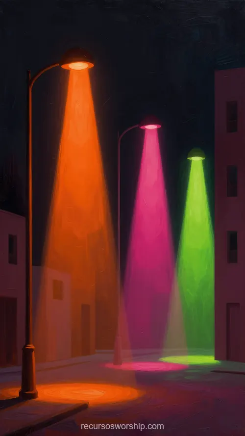 Calle Nocturna Tres Farolas Naranja Magenta Verde Lima Conos Luz Asfalto Edificios Verticales Oleo Surrealista Pintura oleo surrealista vertical calle nocturna tres farolas naranja magenta verde lima conos luz brillante asfalto oscuro edificios silueteados neon urbano onirico