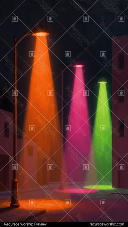 Pintura oleo surrealista vertical calle nocturna tres farolas naranja magenta verde lima conos luz brillante asfalto oscuro edificios silueteados neon urbano onirico