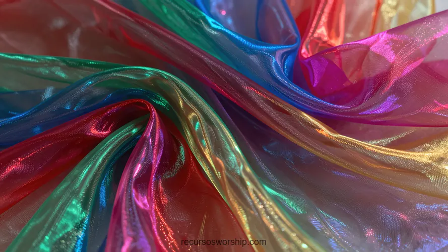 Organza Seda Iridiscente Multicolor Espectral Rojo Verde Azul Magenta Dorado Movimiento Horizontal Holografico Fotografia macro horizontal organza seda iridiscente multicolor espectral rojo verde azul amarillo magenta dorado movimiento fluido reflejos holograficos festivo vivaz diseno
