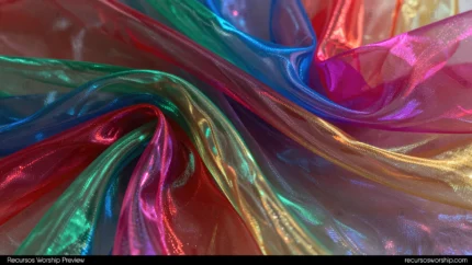 Fotografia macro horizontal organza seda iridiscente multicolor espectral rojo verde azul amarillo magenta dorado movimiento fluido reflejos holograficos festivo vivaz diseno