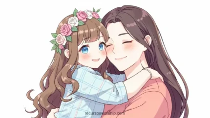 Ilustracion estilo anime manhwa niña pequeña corona rosas rosadas ojos azules abrazada madre cabello largo oscuro ojos cerrados ternura fondo blanco horizontal