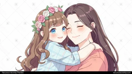 Ilustracion estilo anime manhwa niña pequeña corona rosas rosadas ojos azules abrazada madre cabello largo oscuro ojos cerrados ternura fondo blanco horizontal