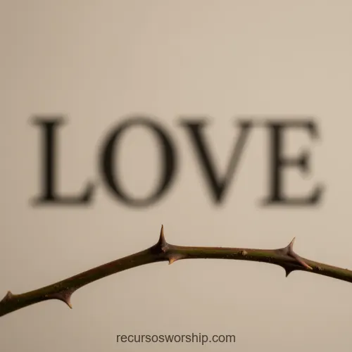 Primer Plano de Espinas con Palabra LOVE al Fondo Beige Primer plano de rama delgada con espinas desenfocada con la palabra LOVE en tipografia serif grande al fondo beige crema cuadrado poético conceptual